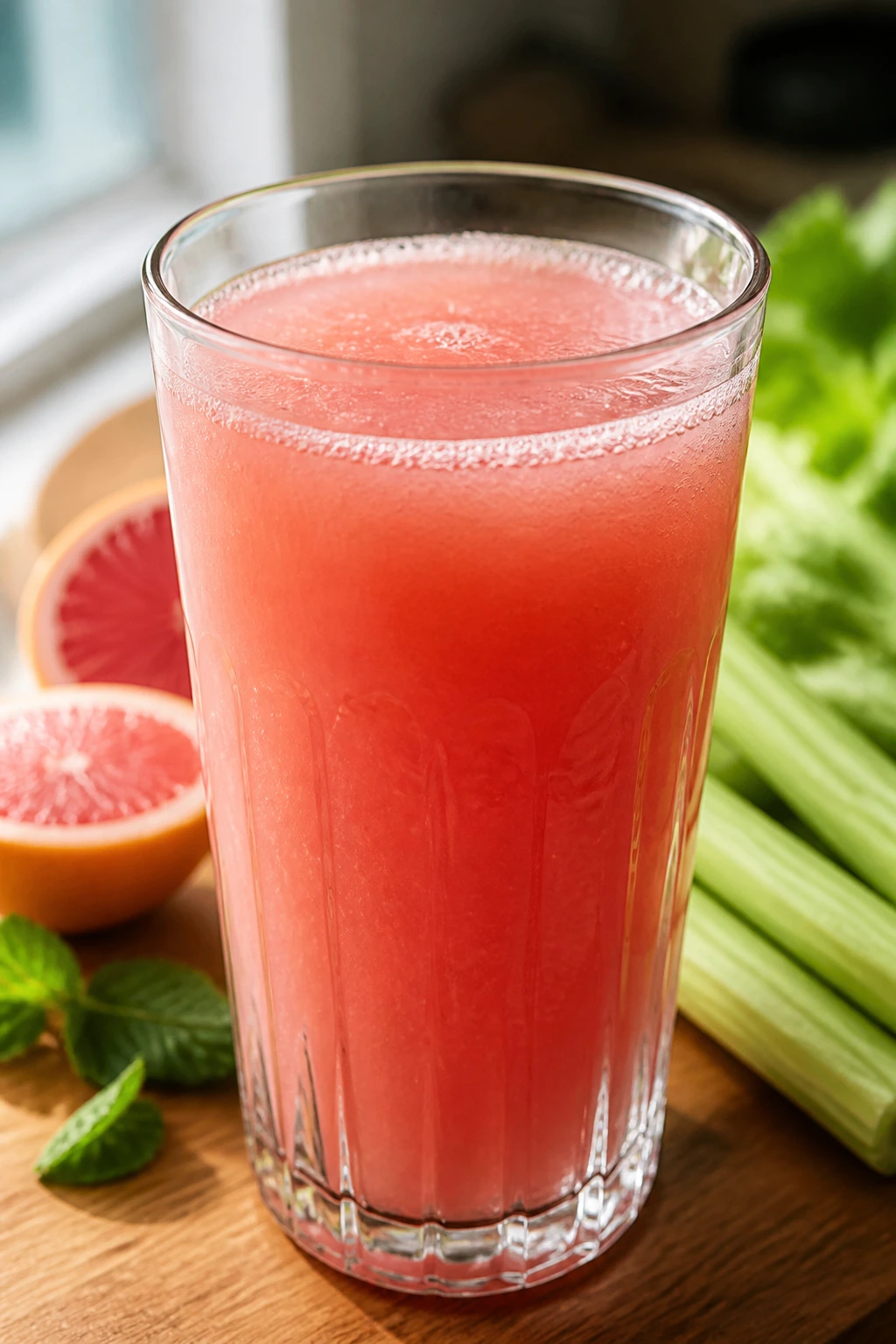 Close-up of pink grapefruit juice glass on a wooden kitchen counter