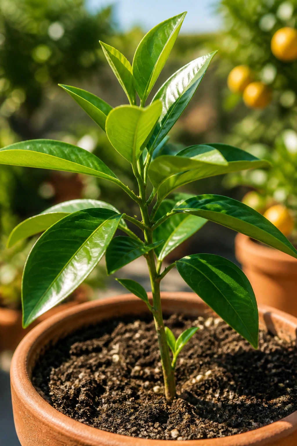 How To Grow Grapefruit From Seed: Step-By-Step Guide 2 Healthy grapefruit sapling in sunlit garden pot