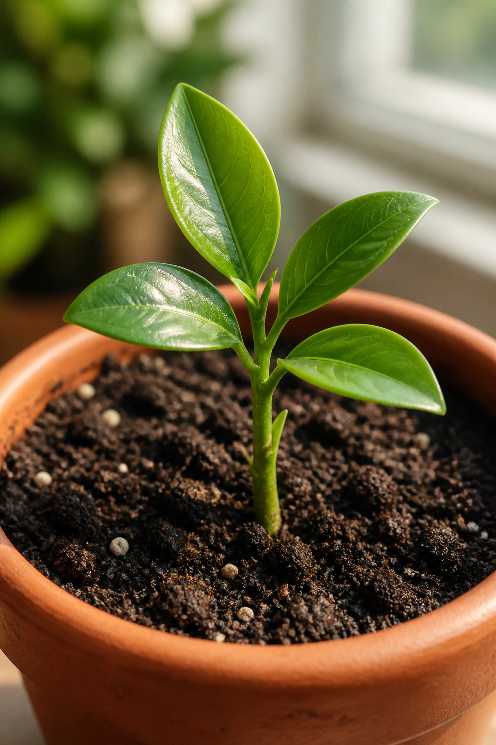 How To Grow Grapefruit From Seed: Step-By-Step Guide 1 Close-up of grapefruit seedling in a pot on a sunlit windowsill