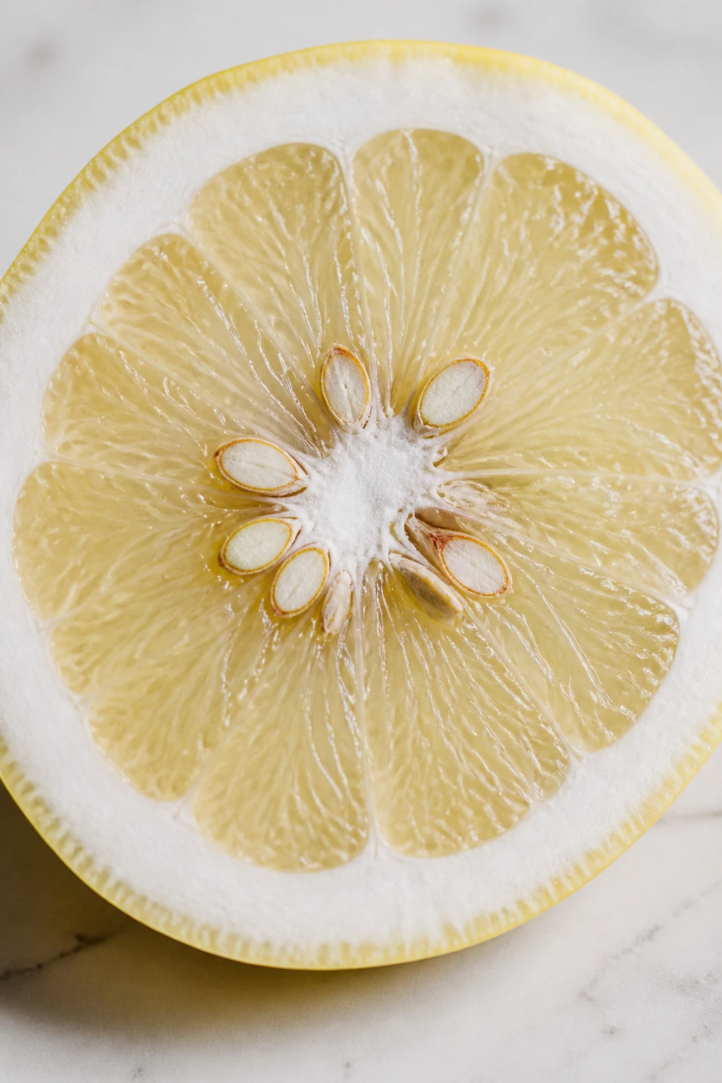 Cross-section of white grapefruit with visible seeds