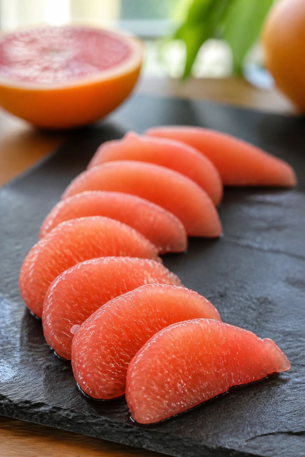 Grapefruit segments close-up on slate