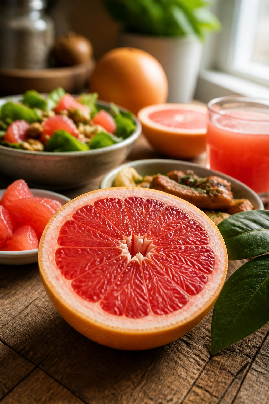 Close-up of a halved grapefruit on a wooden table with bright pink flesh
