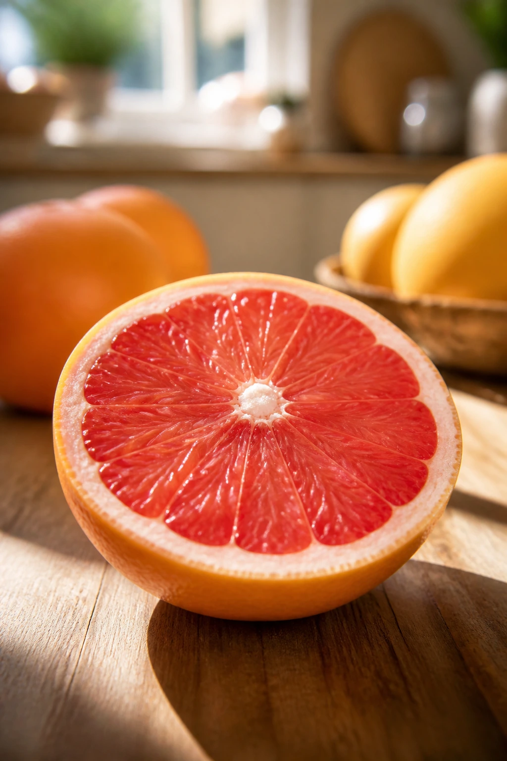 Halved grapefruit on a wooden table under warm light