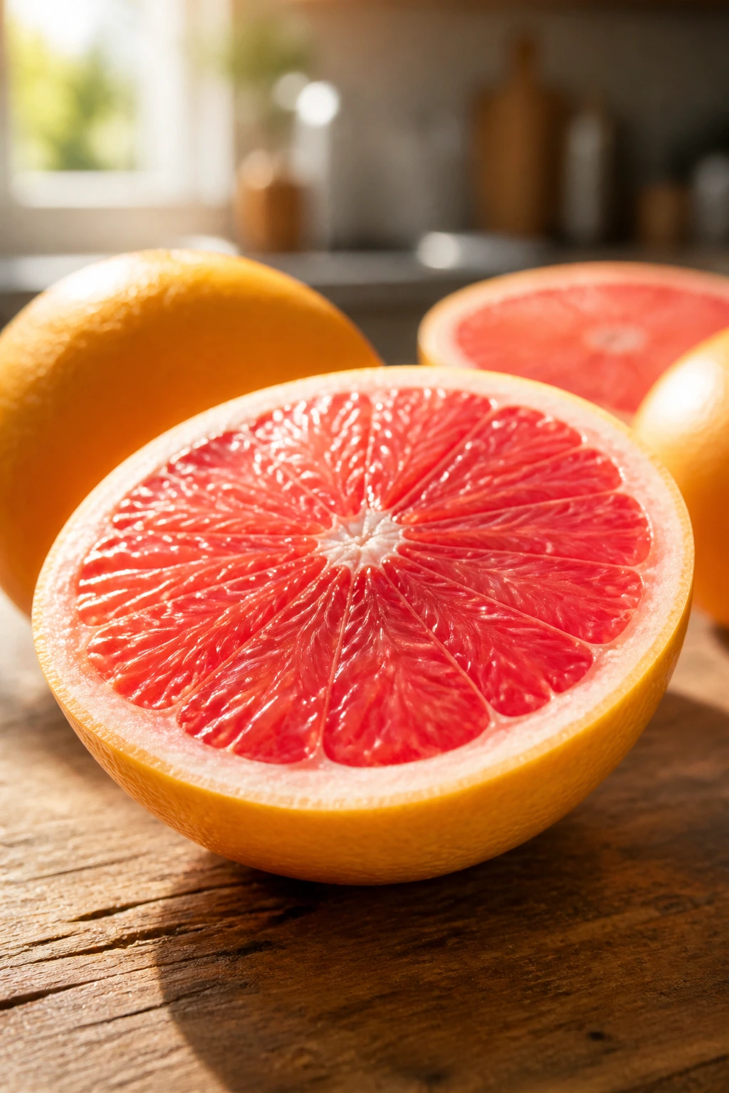 Close-up of halved grapefruit with pink flesh on a wooden kitchen counter