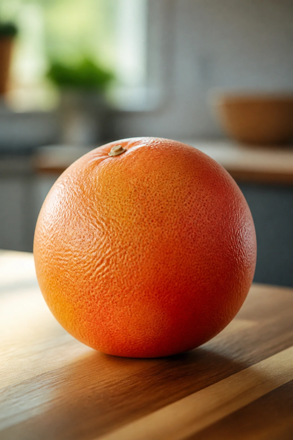Single grapefruit on a wooden counter with natural light