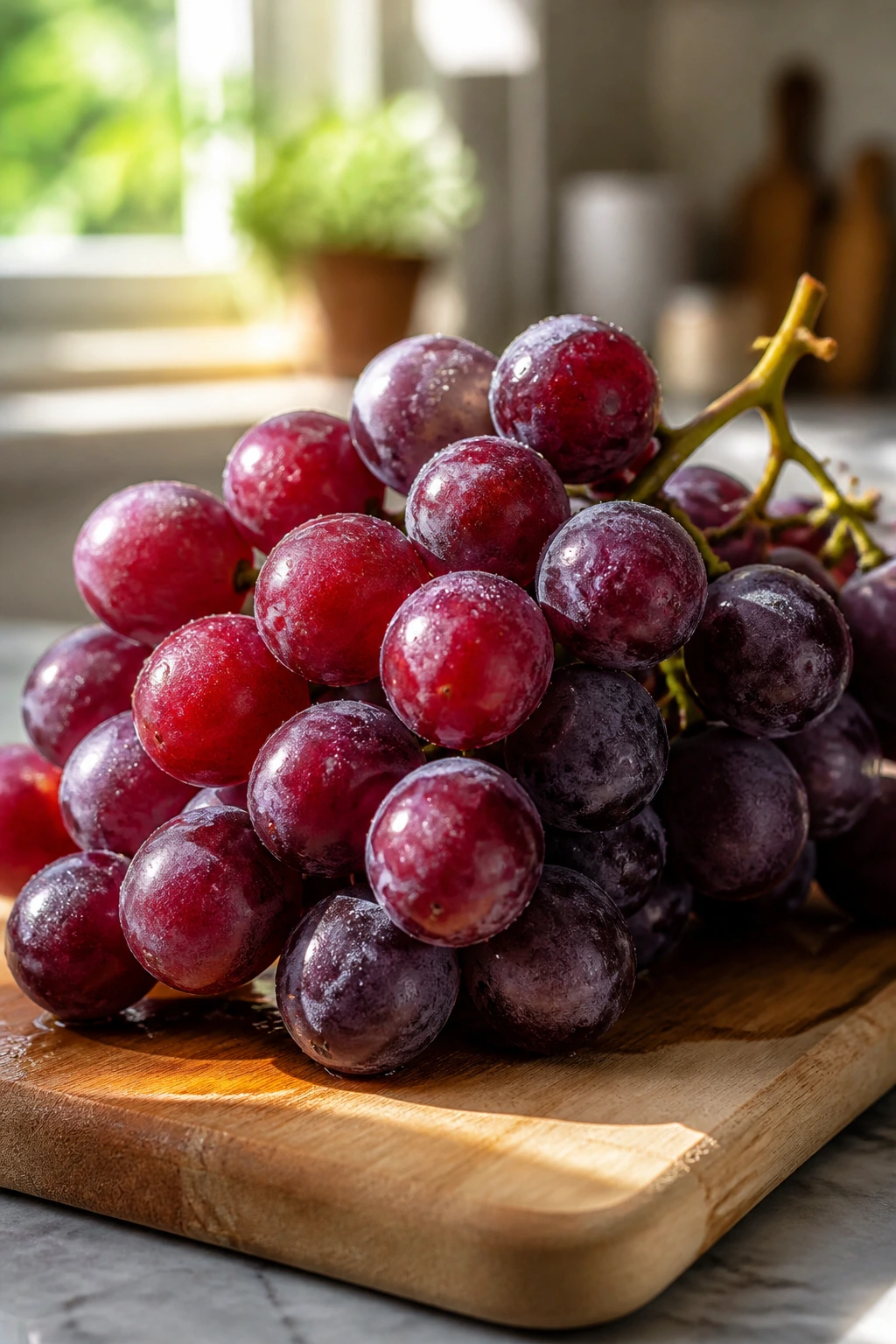 Are Grapes Bad For Acid Reflux? All You Need To Know 1 Close-up of a lush grape bunch on a wooden cutting board in a sunlit kitchen.