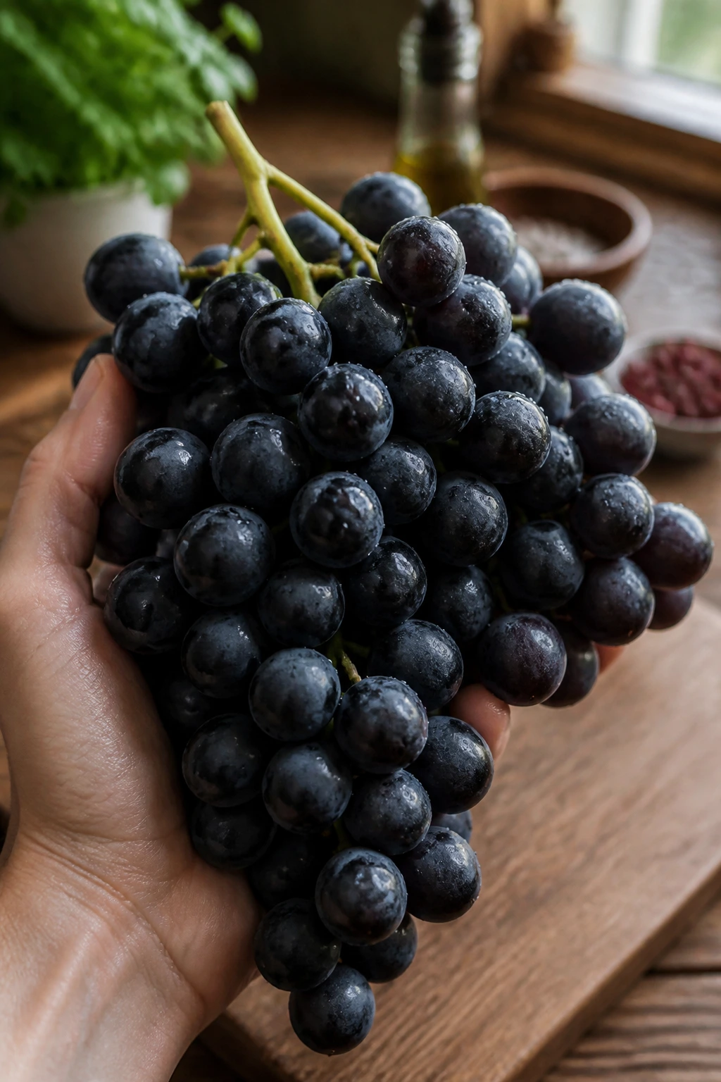Banishing Breakouts: Are Grapes Good For Acne? 8 Close-up of dark grapes in a hand on a wooden kitchen counter with warm light