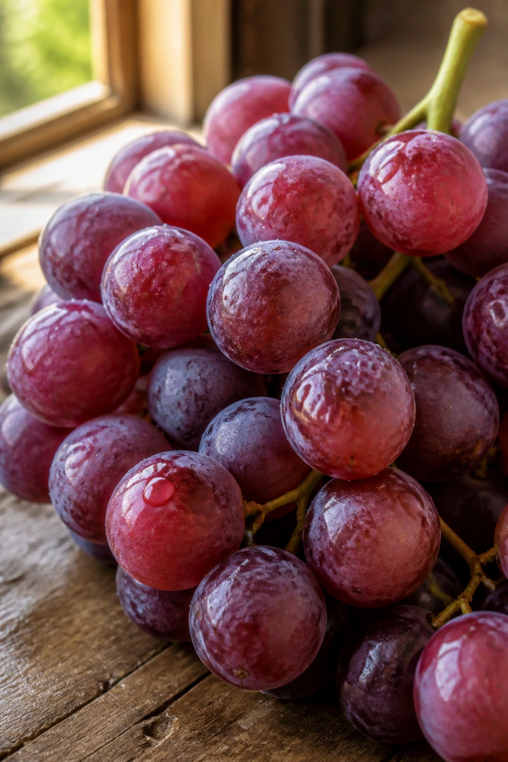 Macro close-up of grapes with dew on rustic kitchen surface