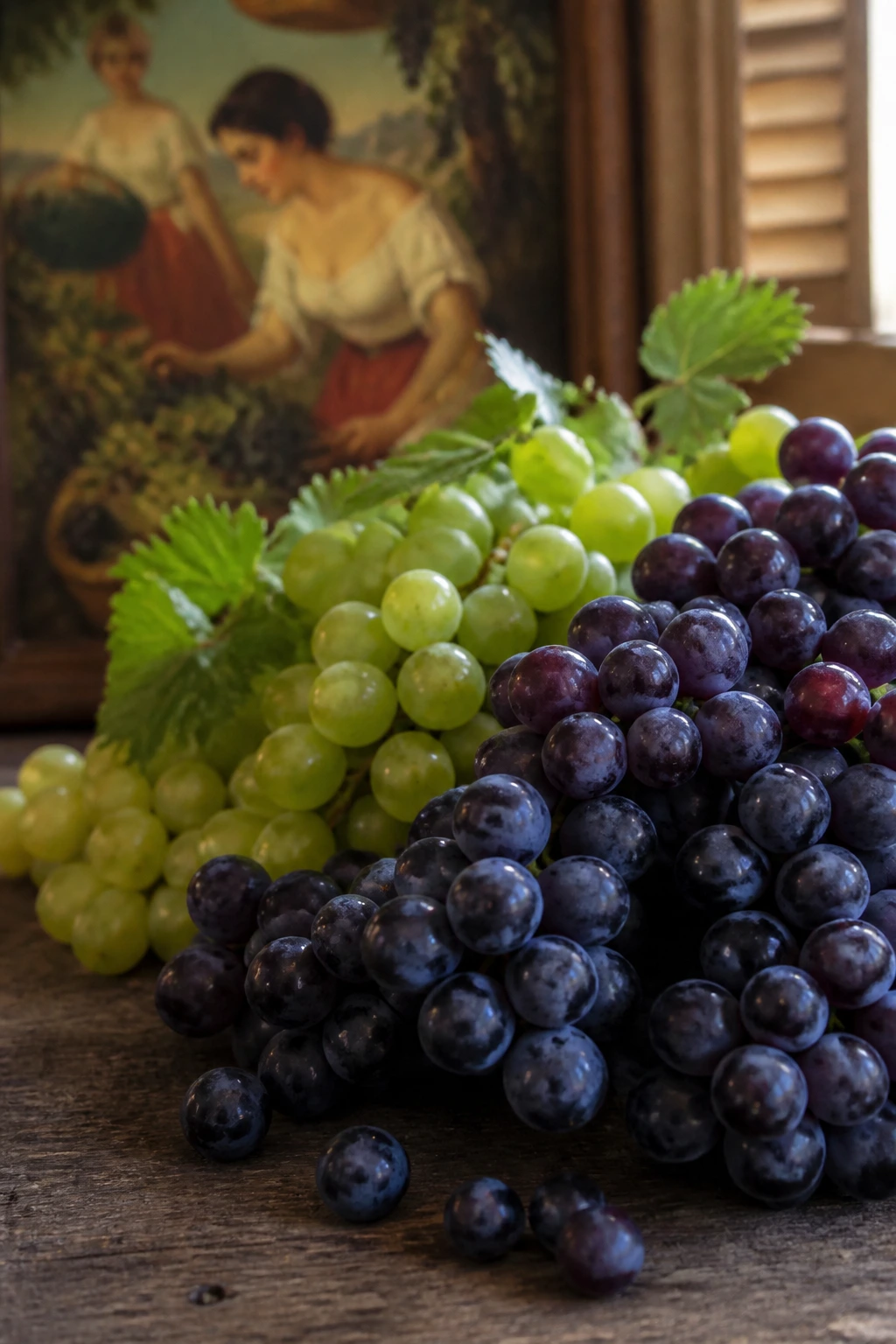Close-up of grape cluster with art backdrop symbolizing grapes in Spanish art