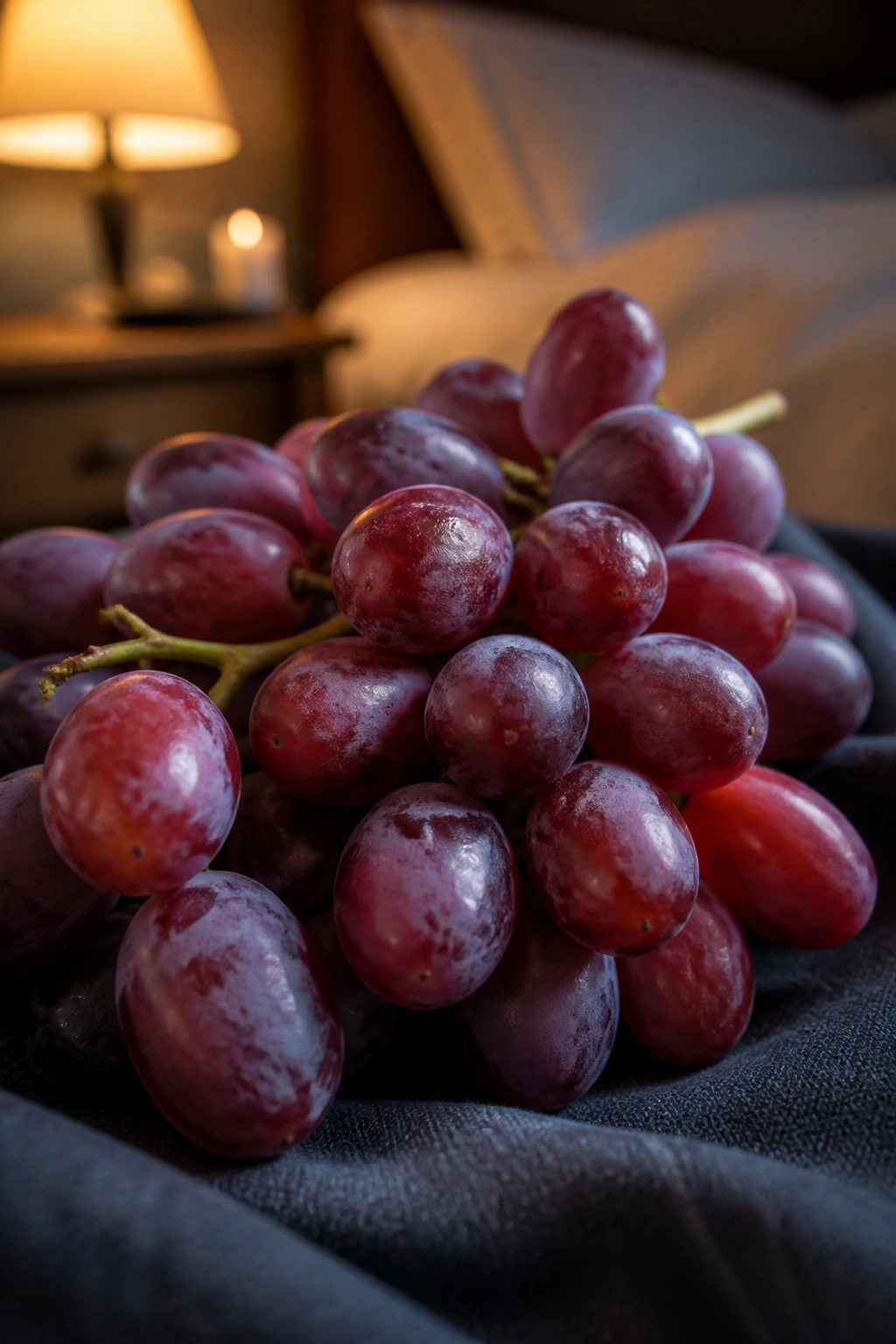 Is It Healthy to Eat Grapes at Night? The 10 Health Benefits 2 Close-up of grape cluster on dark fabric in a cozy bedroom at night