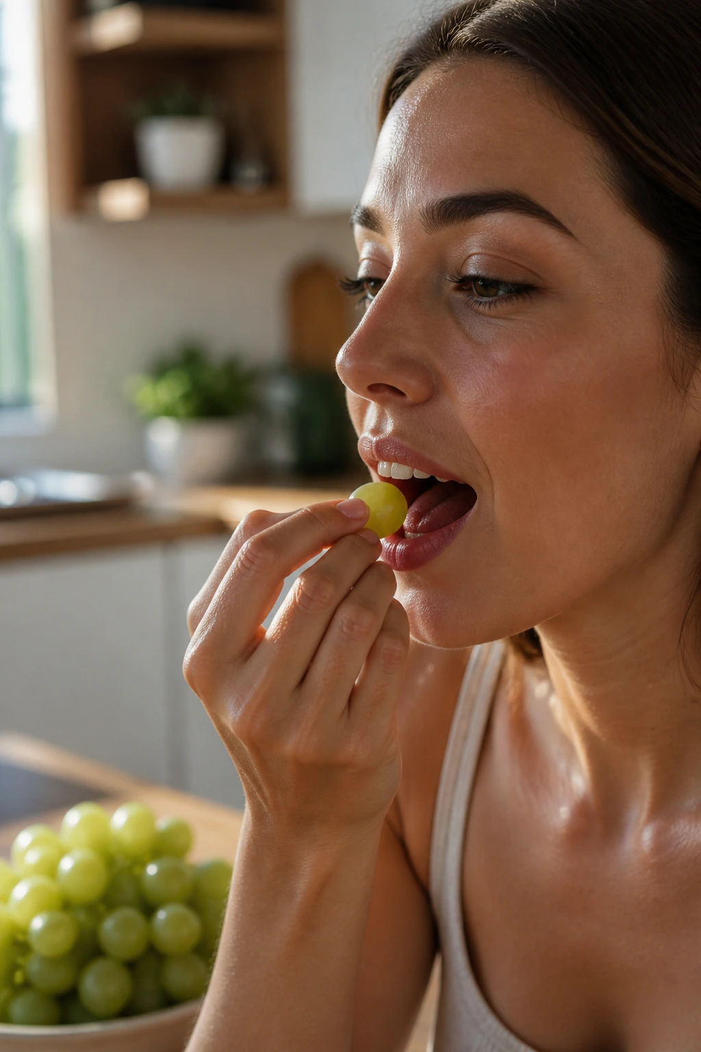 Grapes For Weight Gain: Here's All You Need To Know 3 Real person eating grapes in a sunlit kitchen