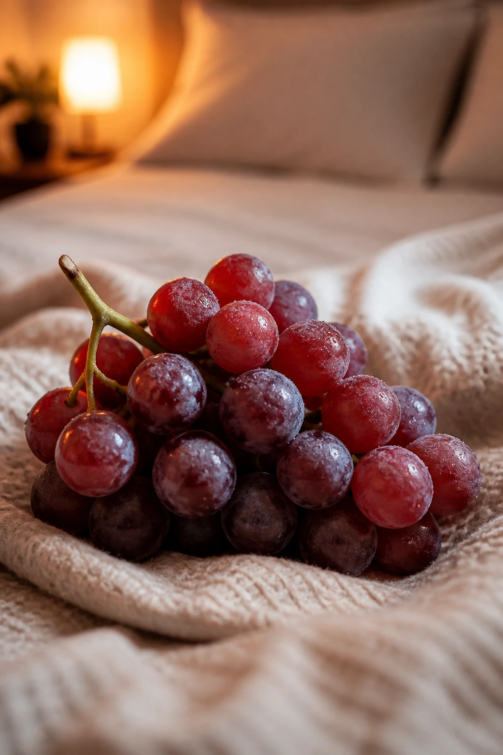 10 Benefits Of Eating Grapes At Night For Weight Loss 10 Grapes on soft fabric in calm bedroom setting