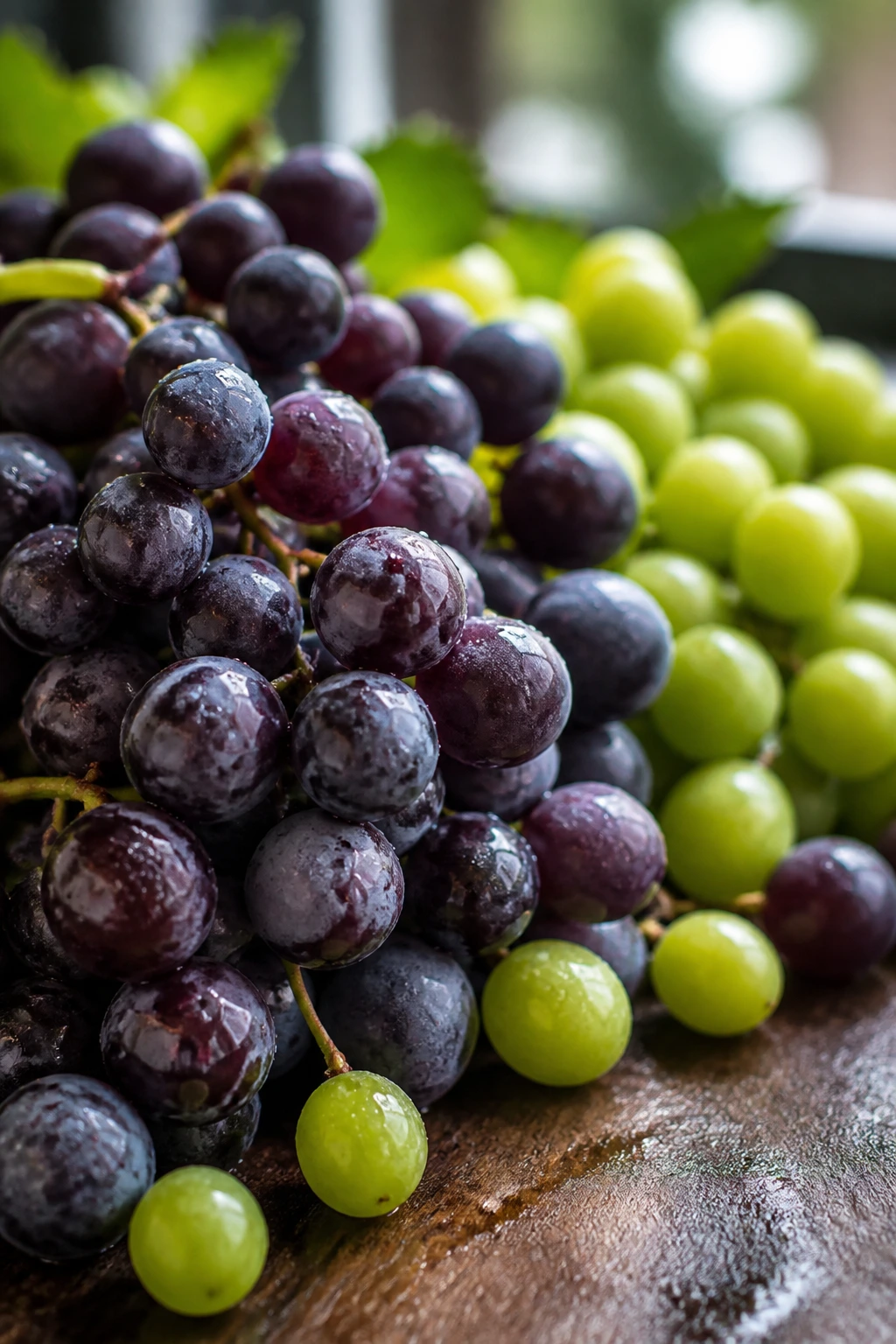 10 Benefits Of Eating Grapes At Night For Weight Loss 1 Close-up of grapes cluster on wood, highlighting low-calorie fruit with bright, natural lighting.