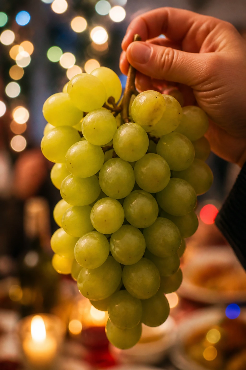 Hand holding grape cluster with festive lights