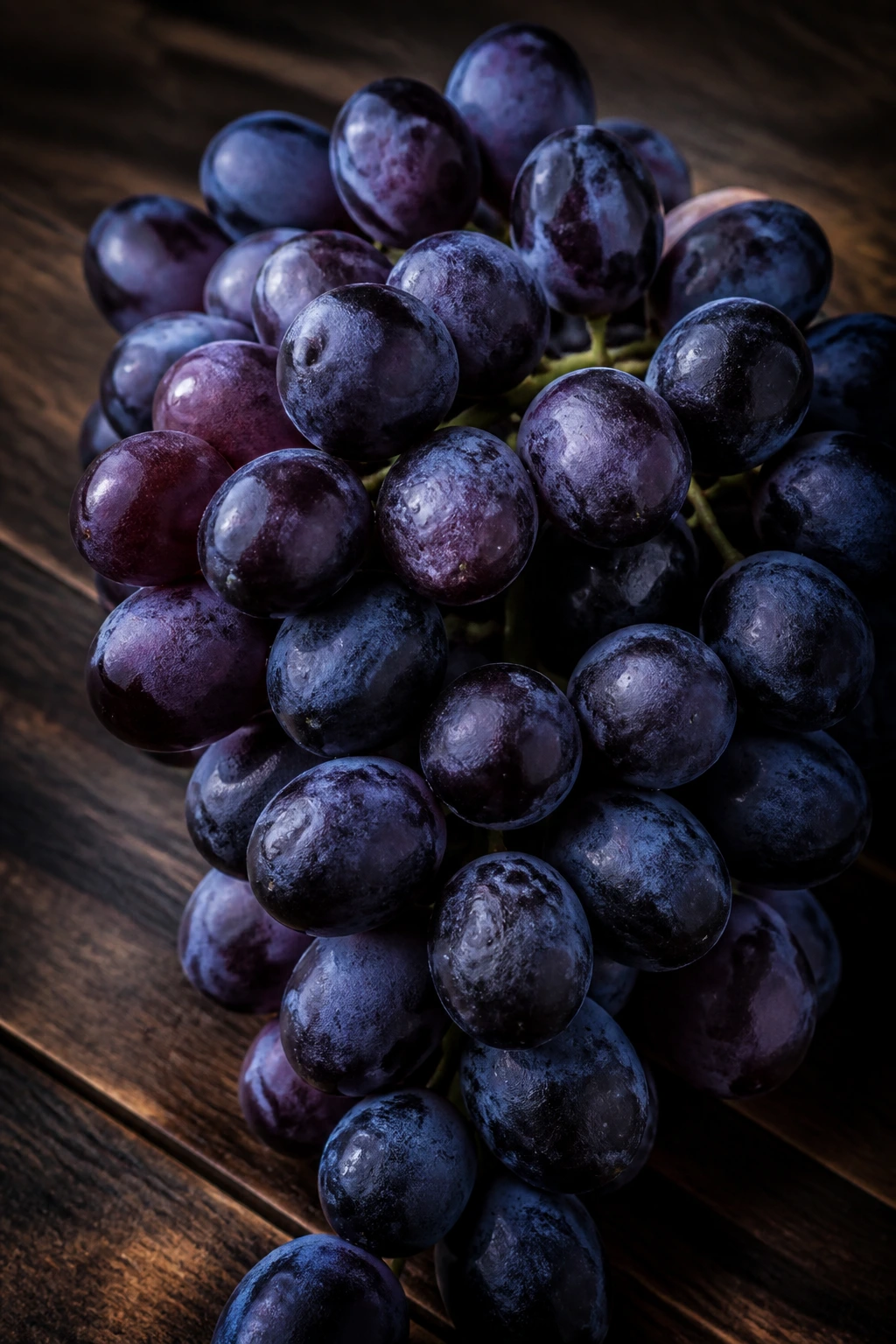 10 Amazing Fruits That Symbolize Happiness 4 Close-up of a bunch of purple grapes on a wooden surface