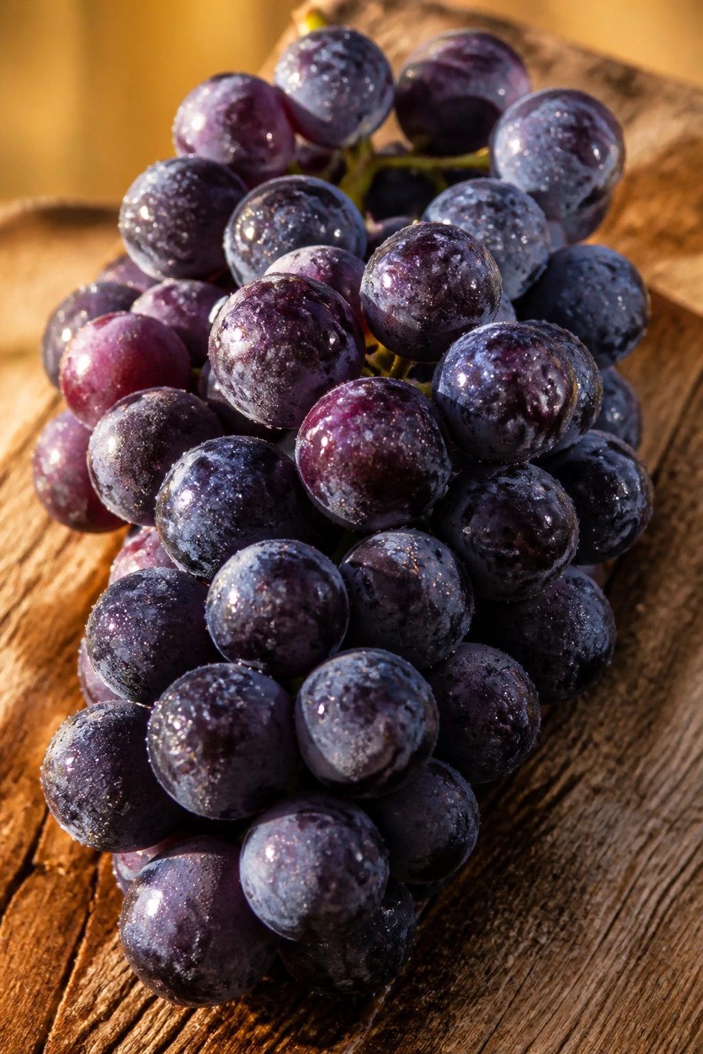 Cluster of purple grapes filling the frame on a wooden board