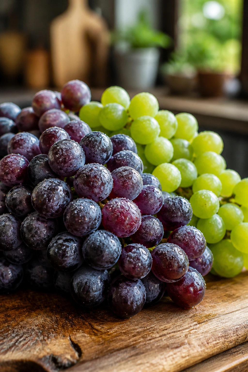 Grapes For Weight Gain: Here's All You Need To Know 2 Close-up of a grape cluster filling the frame on a wooden kitchen counter