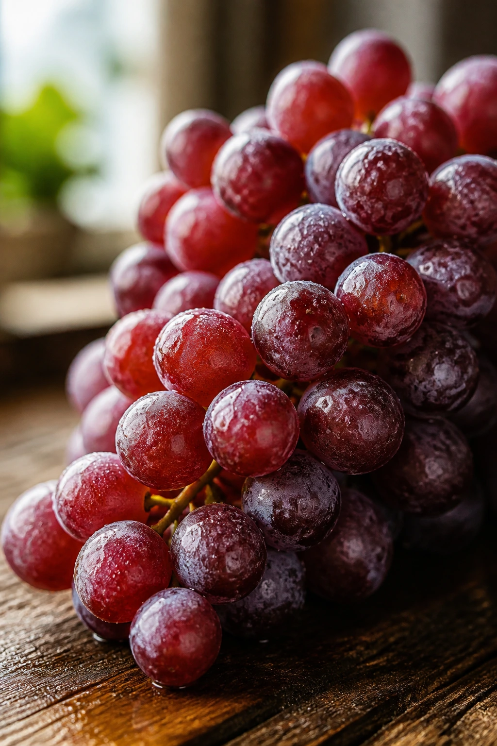 Banishing Breakouts: Are Grapes Good For Acne? 3 Close-up of fresh grapes with water droplets on a wooden kitchen surface