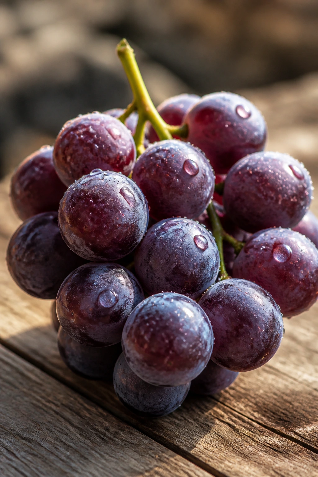 Can Gerbils Eat Grapes? All You Need To Know 7 Close-up of a small cluster of purple grapes on a wooden surface, detailed skin texture and dew-like highlights