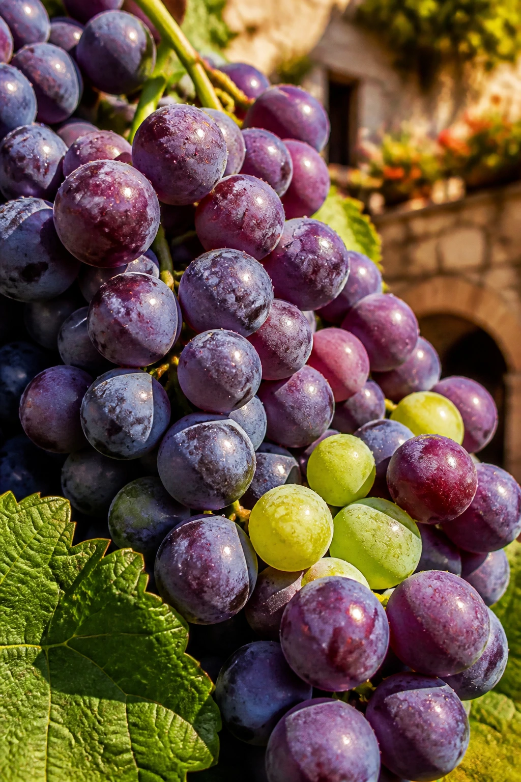 Grape cluster close-up in warm courtyard light