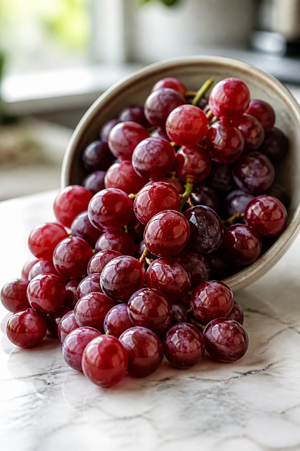 Grapes spilling from a bowl on a kitchen counter.