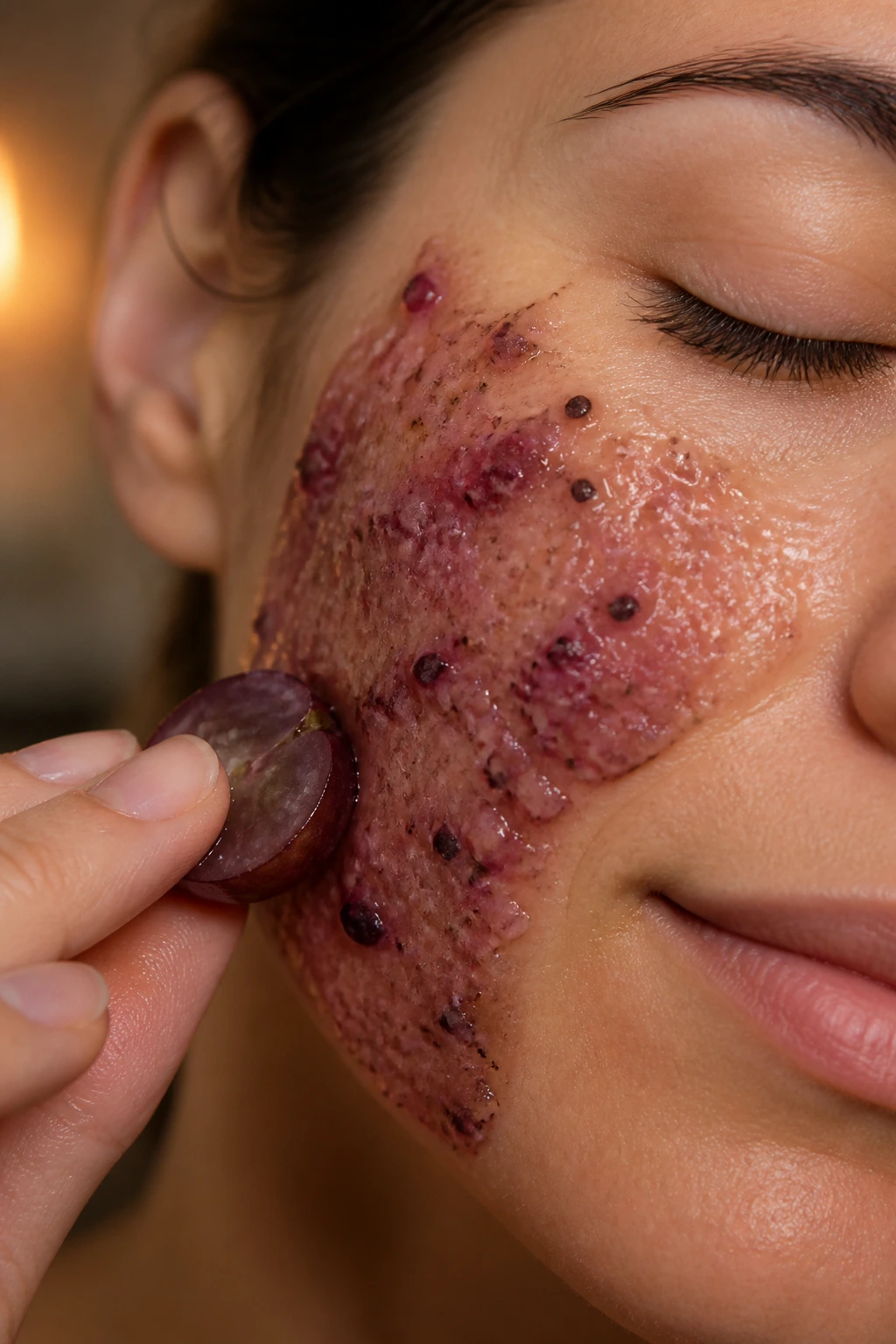 Face close-up with grape pulp on cheek during a facial