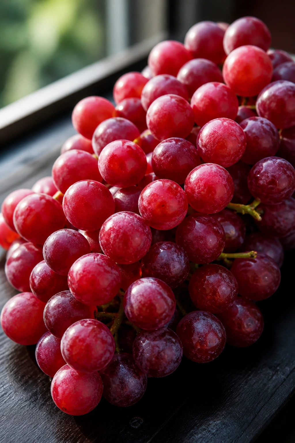 10 Benefits Of Eating Grapes At Night For Weight Loss 4 Grapes cluster filling the frame on a cutting board with natural light.