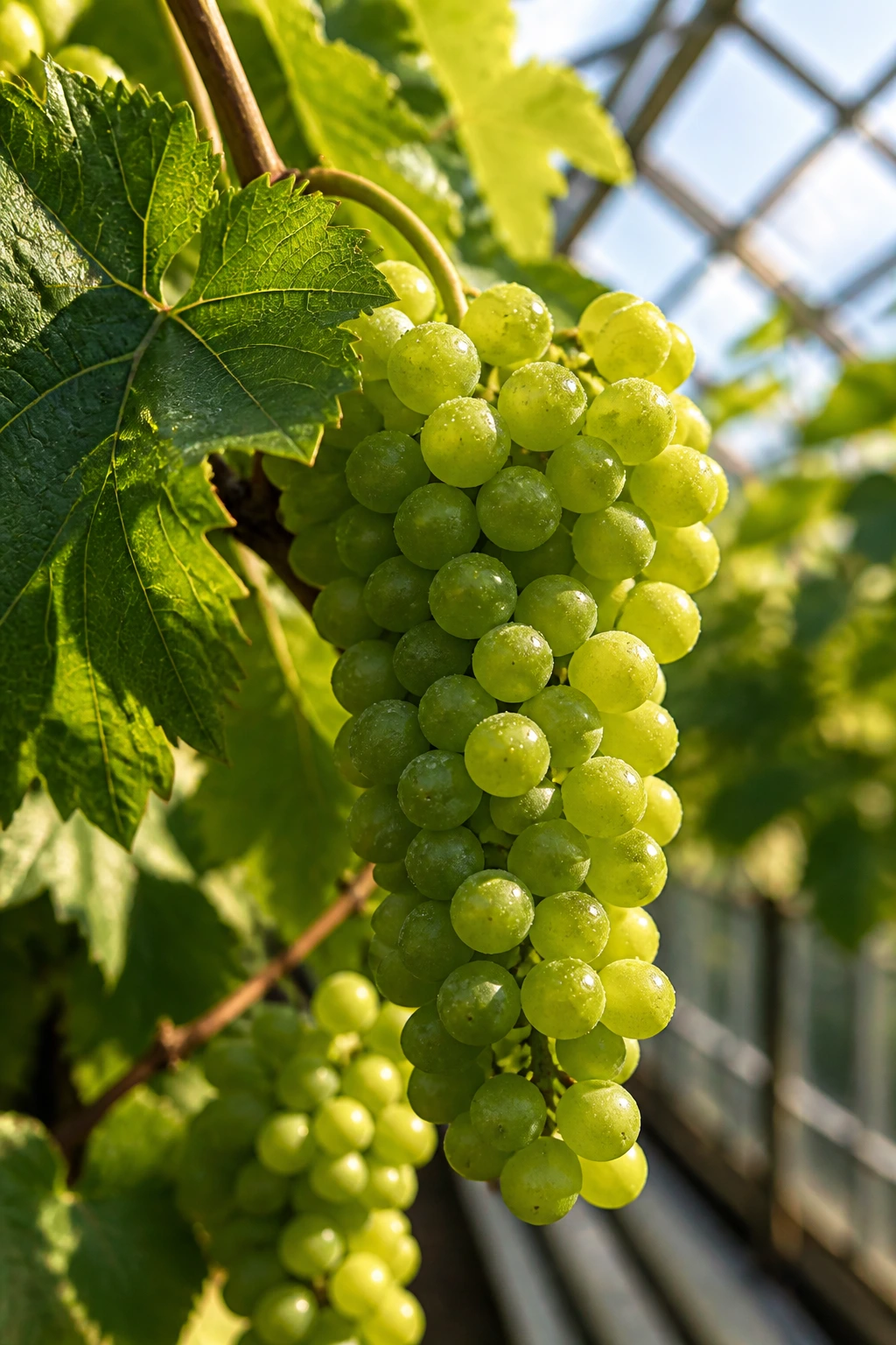 Can You Grow Grapes In A Greenhouse? Yes, And Here's How 7 Healthy grape cluster with leaves in greenhouse.