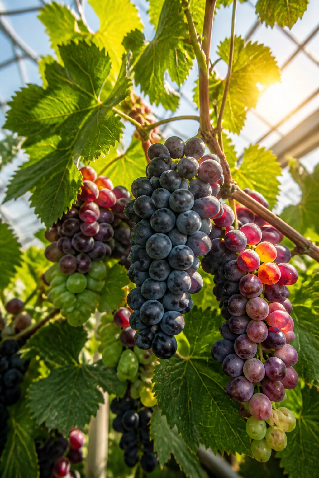 Can You Grow Grapes In A Greenhouse? Yes, And Here's How 6 Grapes on a vine in a greenhouse showing variety colors.