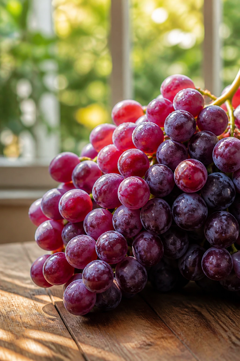 Are Grapes Bad For Acid Reflux? All You Need To Know 2 Close-up of a vibrant grape cluster on a rustic table with garden blur in the background.