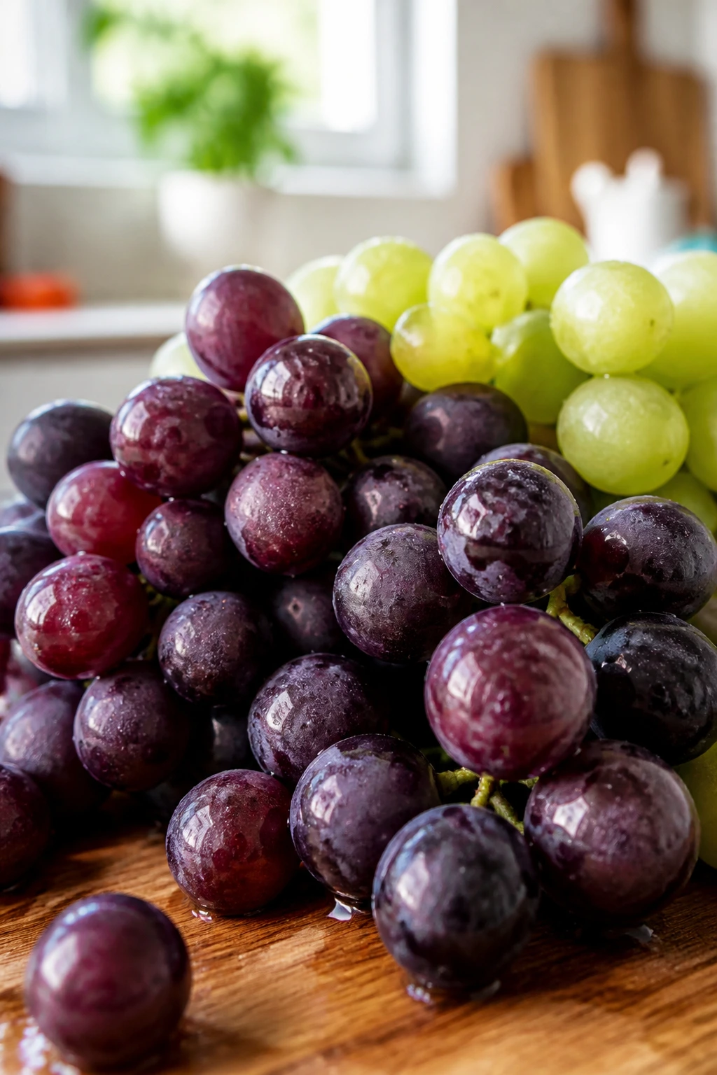 Close-up of grapes with dew on kitchen counter daylight