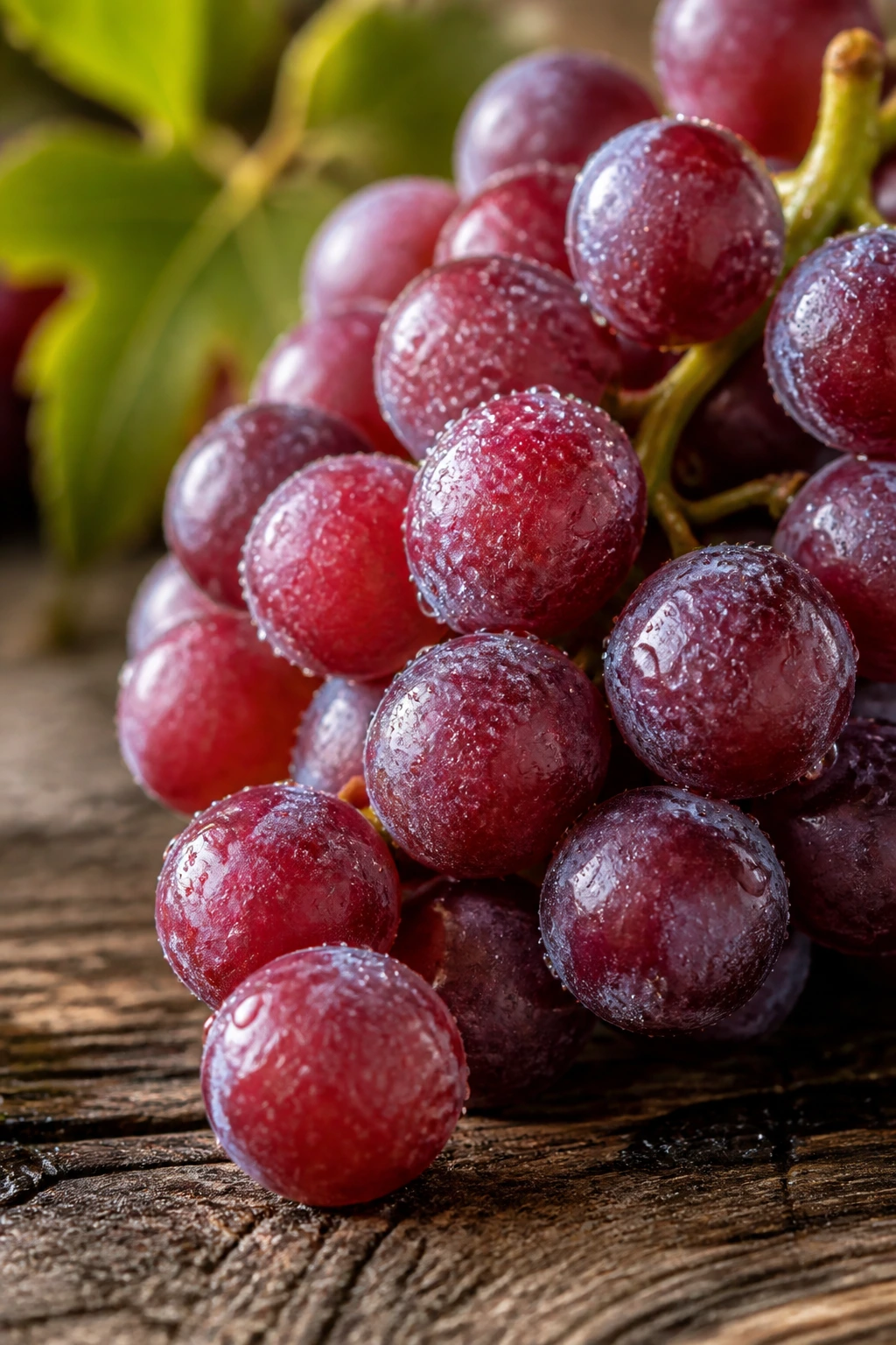 10 Benefits Of Eating Grapes At Night For Weight Loss 3 Dewy grapes on wooden surface under natural morning light.