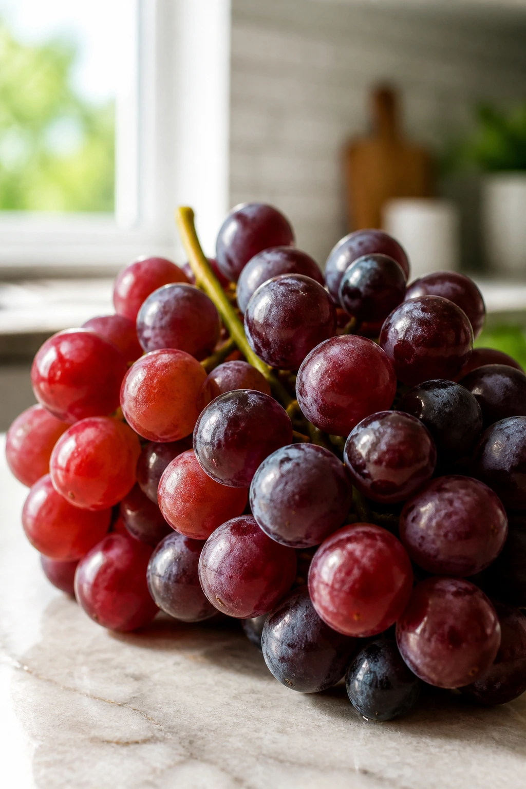 10 Benefits Of Eating Grapes At Night For Weight Loss 9 Grapes on a kitchen counter in bright daylight