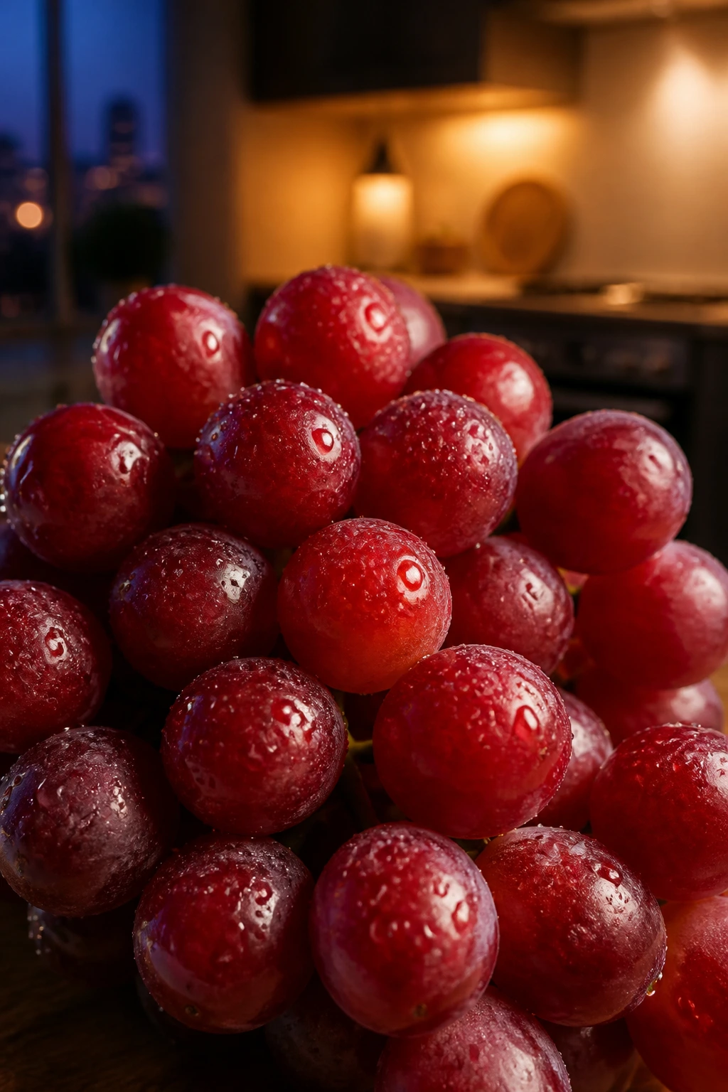 Is It Healthy to Eat Grapes at Night? The 10 Health Benefits 3 Close-up of red grape cluster in warm kitchen light