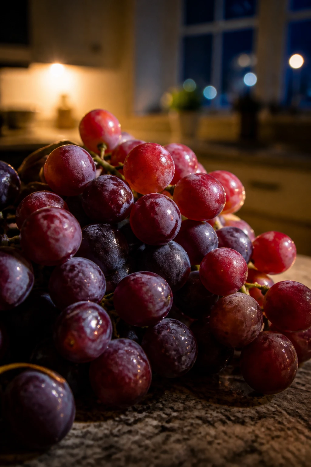 Can You Eat Grapes At Night During Pregnancy? 2 Grapes cluster in warm night light suggesting a nighttime pregnancy snack