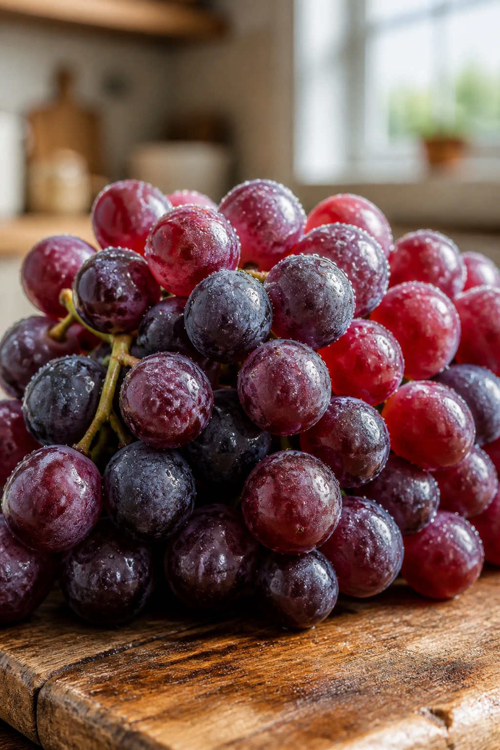 Can You Eat Grapes While Breastfeeding? How Safe Is It? 1 Close-up of a grape cluster filling the frame on a wooden surface under warm kitchen light