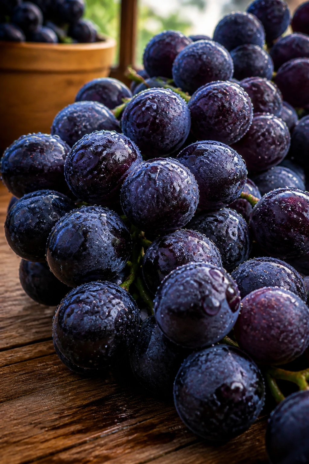 Is It Healthy to Eat Grapes at Night? The 10 Health Benefits 1 Close-up of purple grape cluster with dew on skin on wooden counter