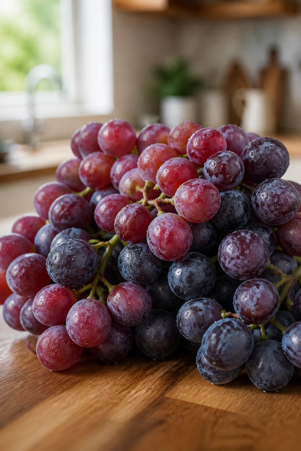 Can You Eat Grapes At Night During Pregnancy? 1 Close-up of a lush grape bunch filling the frame on a wooden kitchen counter