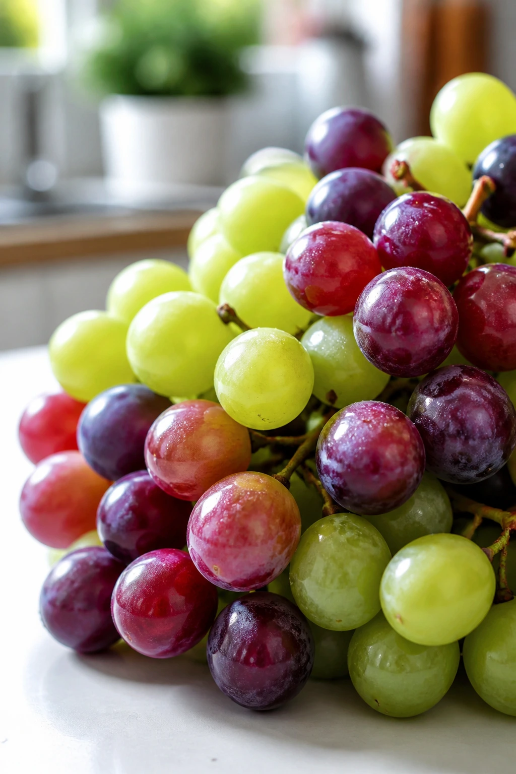 Are Grapes Bad For Acid Reflux? All You Need To Know 3 Close-up of a glossy grape cluster filling the frame on a sunlit kitchen counter.