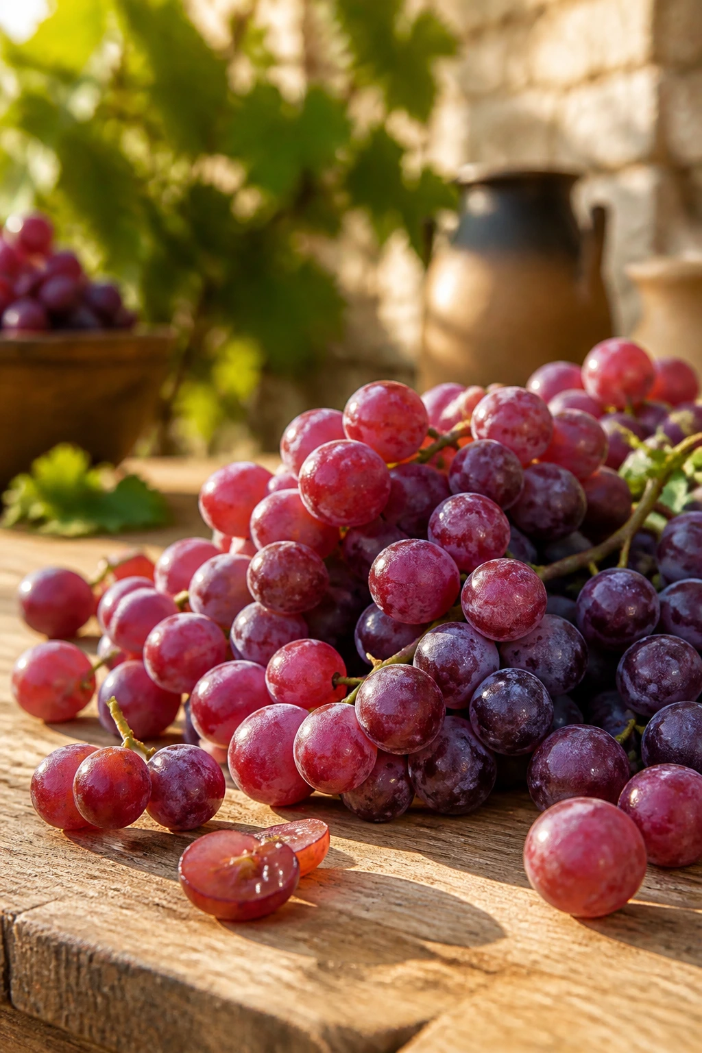 Grapes spilling across a rustic wooden table in natural light