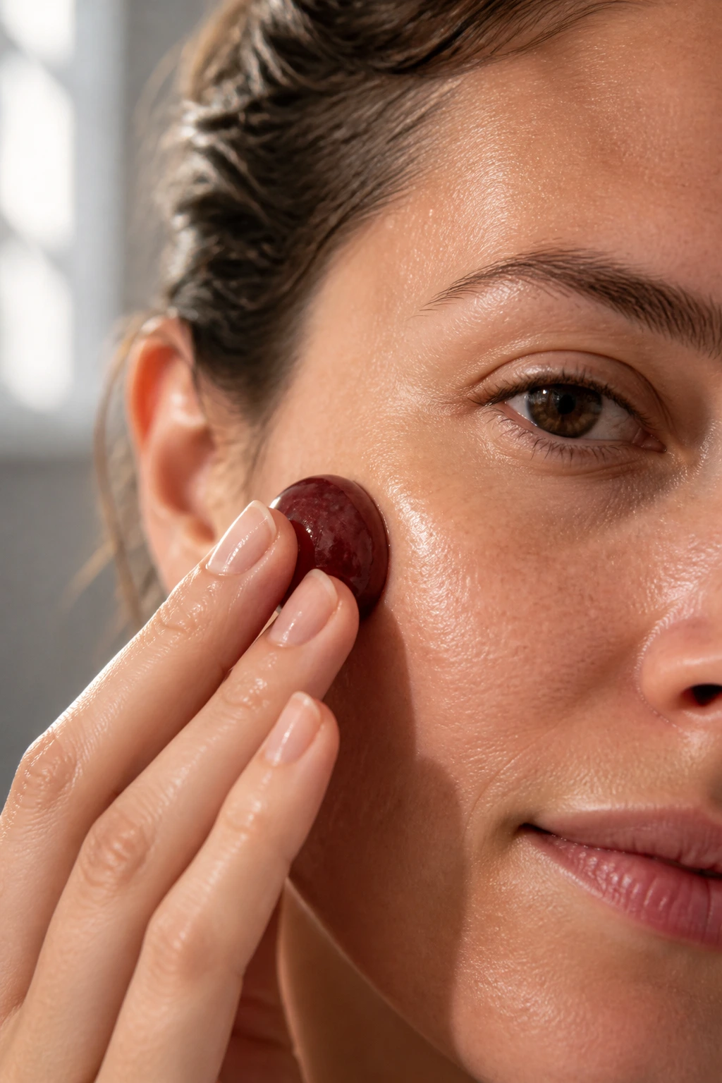 Close-up of a grape rubbed on a real person's cheek during skincare