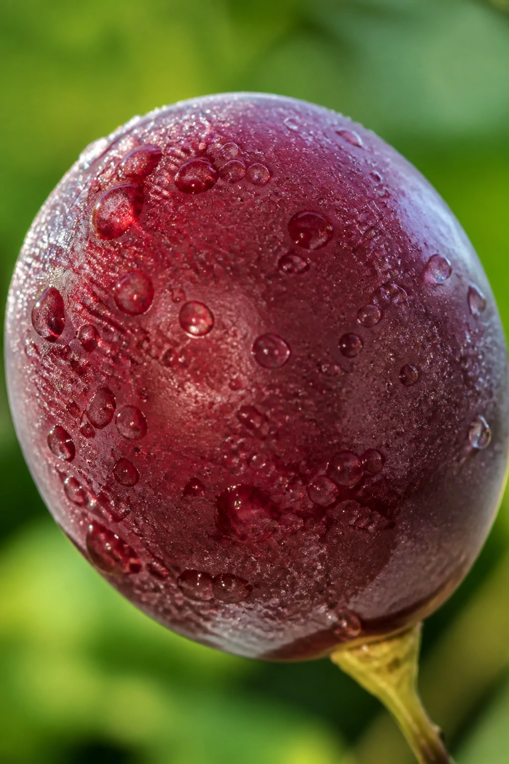 Macro close-up of a single grape with dew in natural light