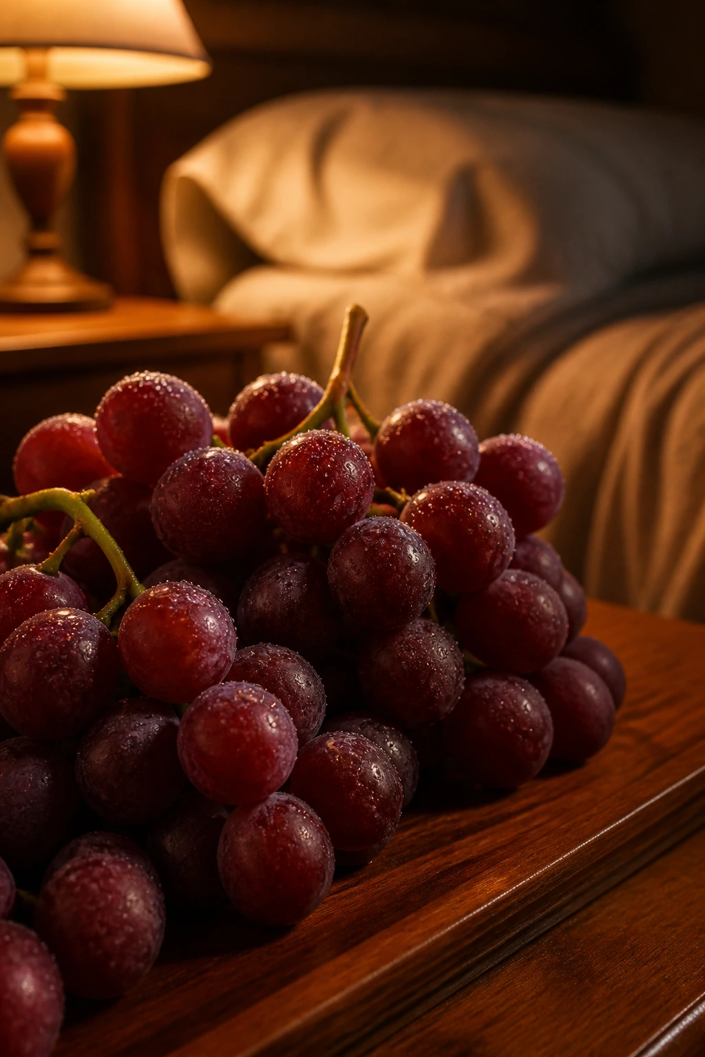 10 Benefits Of Eating Grapes At Night For Weight Loss 8 Grape cluster on a nightstand in a softly lit bedroom