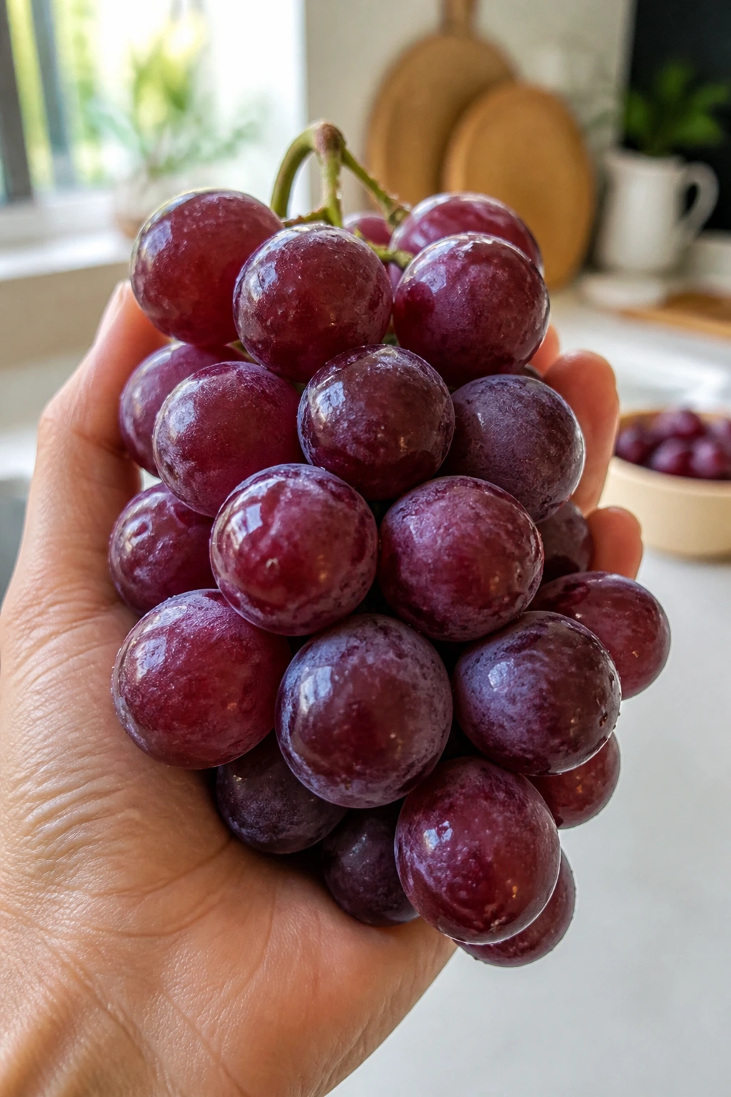 10 Benefits Of Eating Grapes At Night For Weight Loss 7 Close-up of a hand holding a cluster of grapes in a sunny kitchen