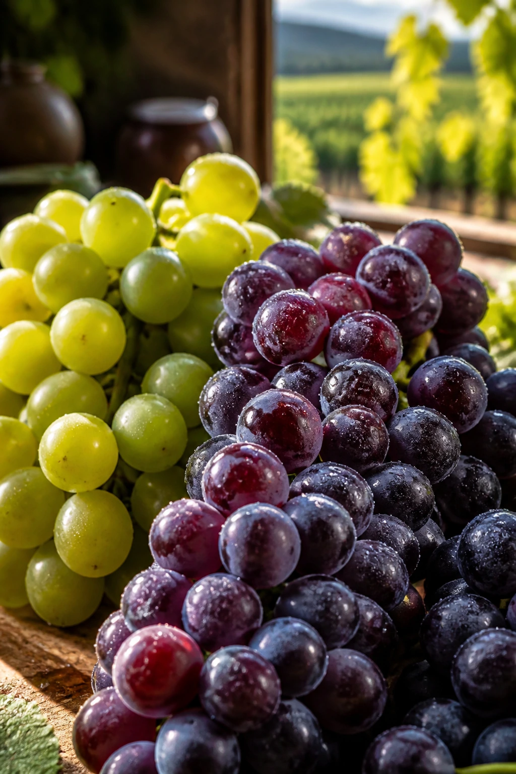 Close-up of a grape cluster on a rustic wooden table bathed in sunlight