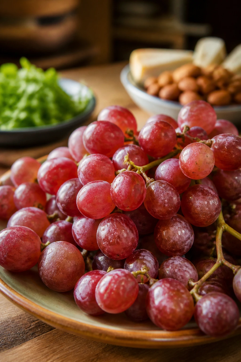 Grapes on plate with greens and nuts in warm kitchen light
