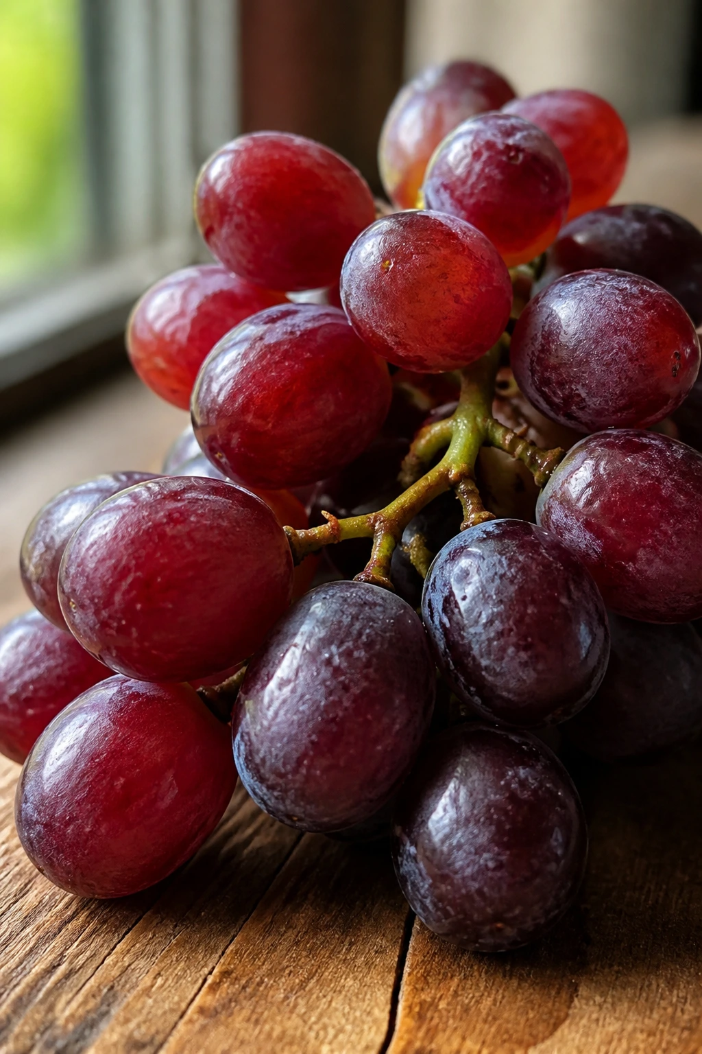 Close-up of a bunch of glossy grapes on wooden surface