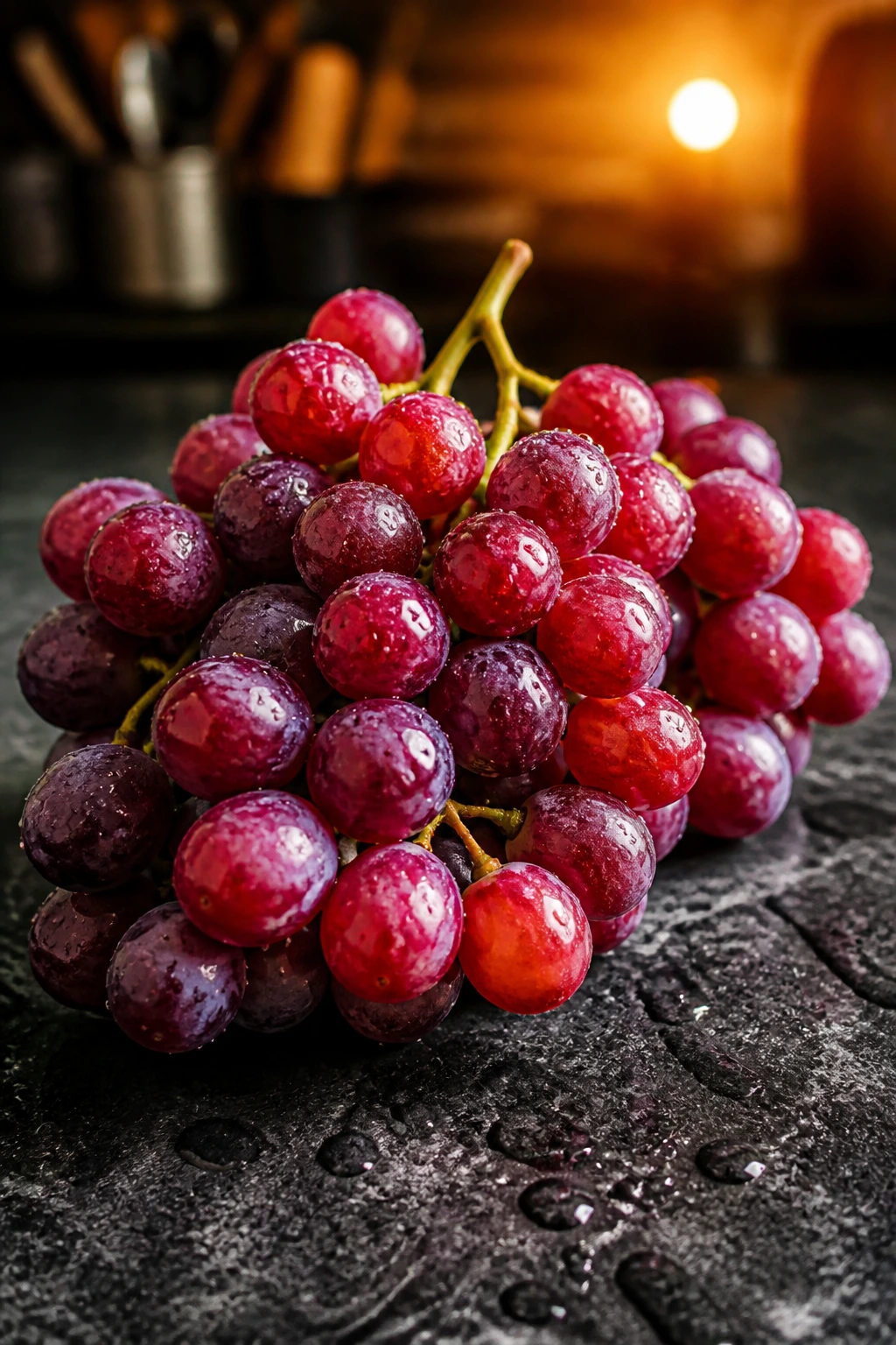 10 Benefits Of Eating Grapes At Night For Weight Loss 6 Close-up of a bright grape cluster on a dark surface with warm light.