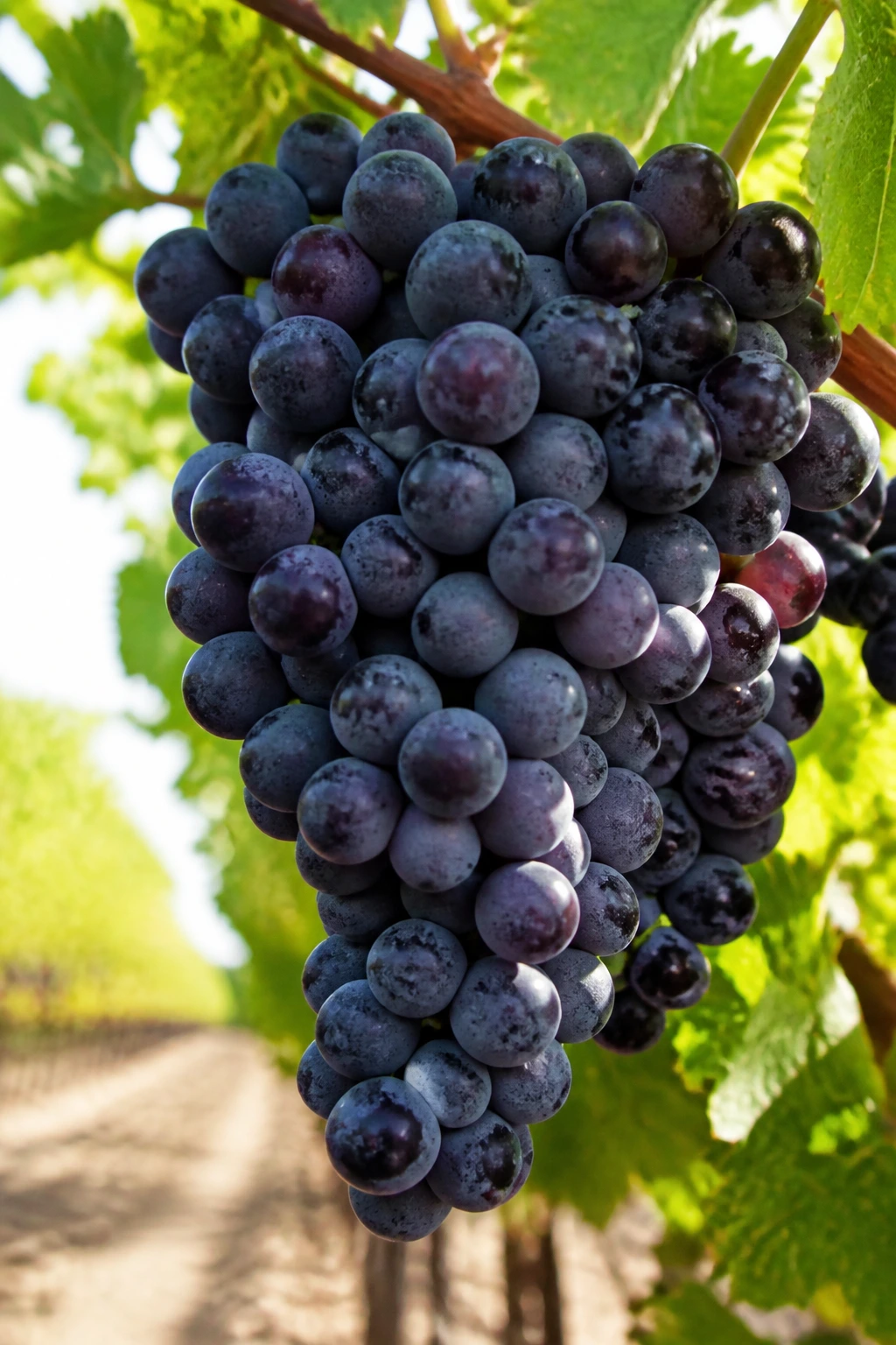 Close-up of a large grape bunch filling the frame in a sunlit vineyard