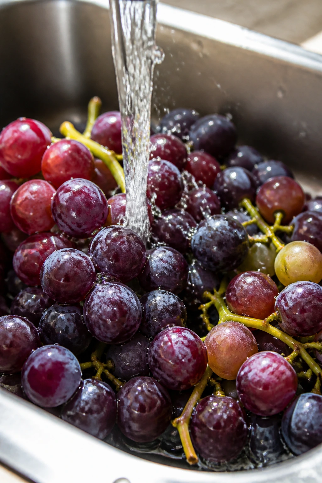 Can You Eat Grapes At Night During Pregnancy? 3 Grapes being washed under running water for safety